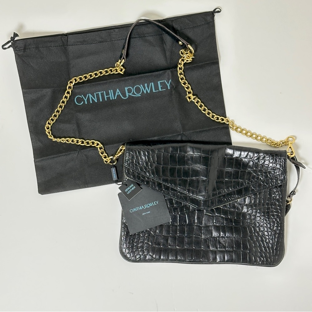 CYNTHIA ROWLEY Genuine Leather Black Crossbody Purse Bag Gold Chain, Dustbag NWT